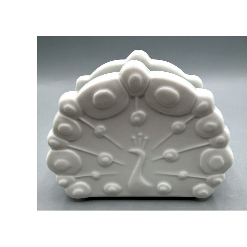 Boston Warehouse White Ceramic Peacock Napkin Holder Embossed Glossy Finish